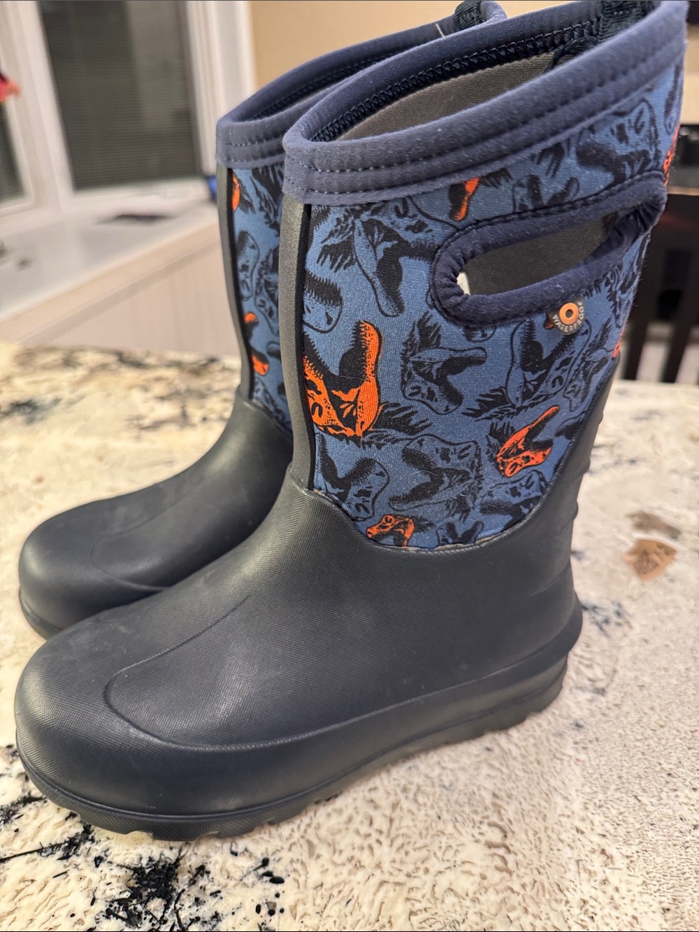 Bogs Navy and Orange Kids Waterproof Rain Boots with Animal Print
